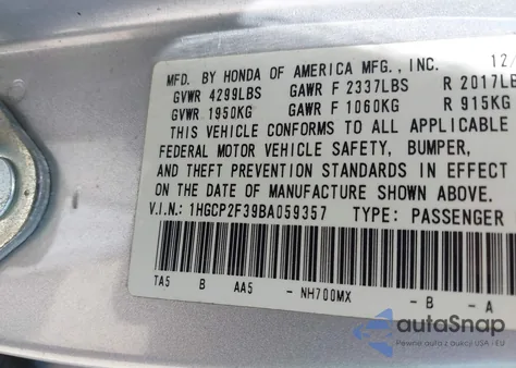 2011 Honda Accord 2.4 Lx z USA, uszkodzony, nr VIN 1HGCP2F39BA059357